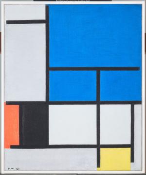Composition with Large Blue Plane, Red, Black, Yellow, and Gray